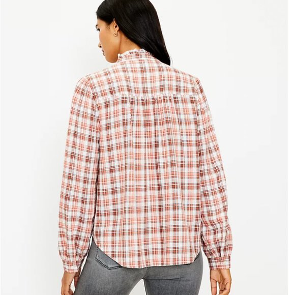Loft Plaid Ruffle Trim Shirt XS - Picture 2 of 7